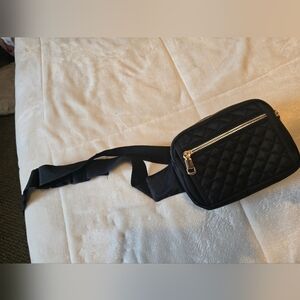 Quilted Black Waist Bag with Gold Zip